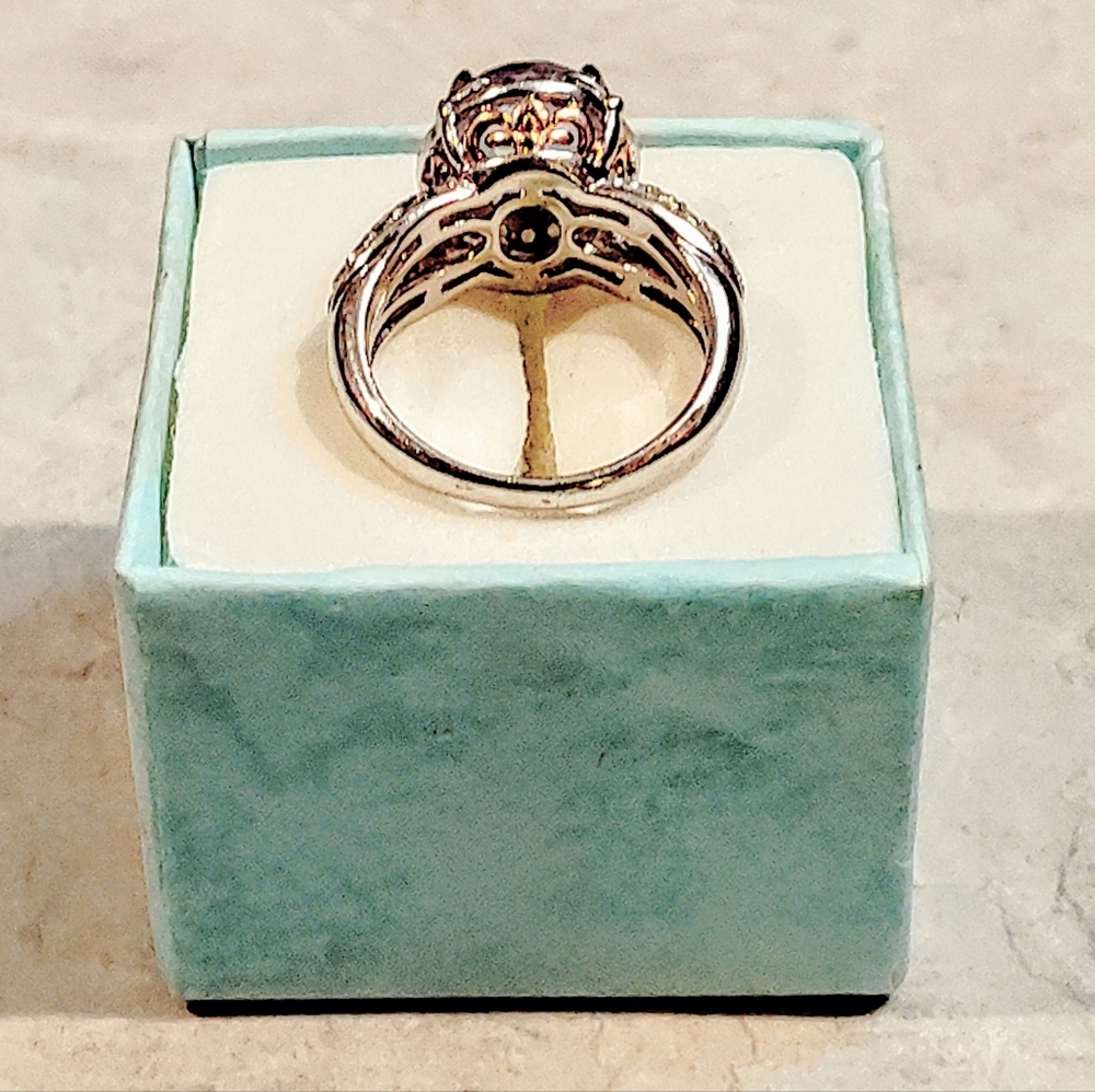 VINTAGE STERLING SILVER 2ct TANZANITE RING WITH DIAMOND CHIPS & 14K GOLD ACCENTS - Picture 11 of 16